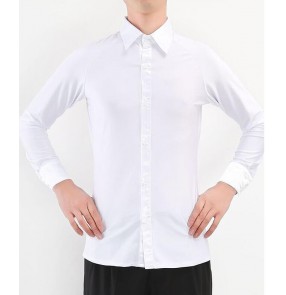 White down collar long sleeves men's male man competition performance show play practice performance latin ballroom tango waltz dance shirts tops